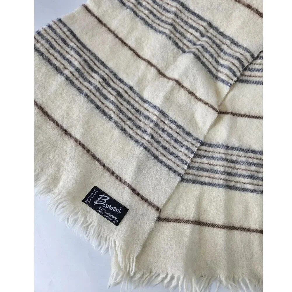 Vintage Bermans 100% Lambswool Scarf With Fringe Cream Striped Design